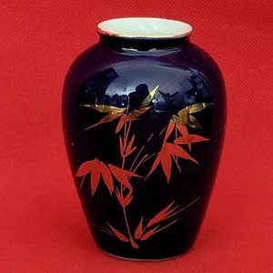 VTG Small Miniature Blue Vase Gold Bamboo Leaves Jar